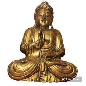 Authentic hand carved gold painted wooden meditating buddha in Vitarka Mudra pos